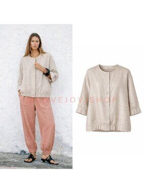 Jacket | Eileen Fisher Champagne Metallic Natural Linen Bomber | Hip Length | XL